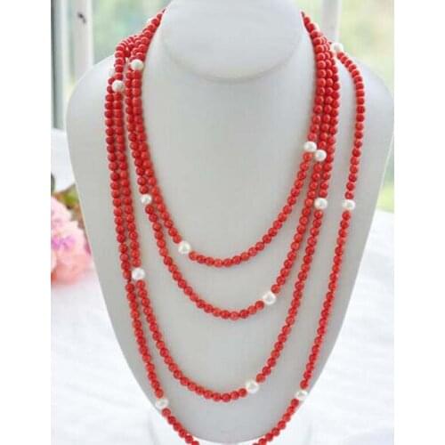 9--100mm round freshwater white pearl 4-5mm red coral bead necklace