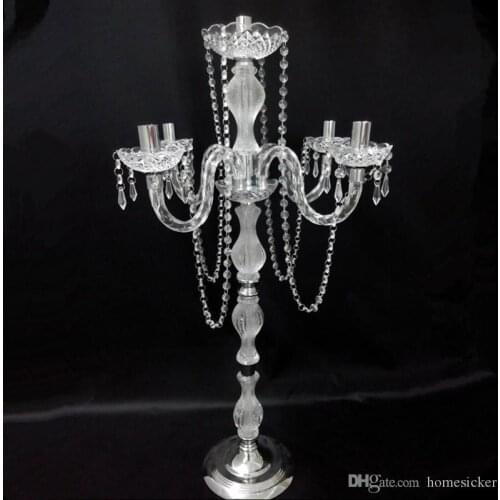 90 cm Height Acrylic 5-arms Metal Candelabras With Crystal Pendants Wedding Candle Holder Centerpiece Party Decor