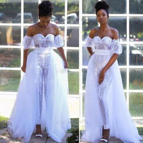 White Jumpsuit Wedding Dresses with Detachable Train Vestidos De Novia Sweetheart Short Sleeve Outfit Pant Suit Bridal Gown