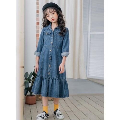 4 to 16 years kids & teenage girls denim jeans belted long sleeve flare midi dress kids girls fashion autumn winter dresses