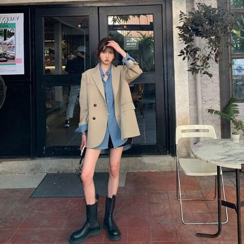 Hstar Vintage Business Korean Fashion Double Breasted Blazers Casual Office Lady Chic Jackets Women Spring Loose Blazers