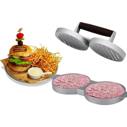 Kapmore 1pc Hamburger Press Dual Hole Wood Handle Non-Stick Creative Meat Press Patty Maker Kitchen Meat Tool Accessories
