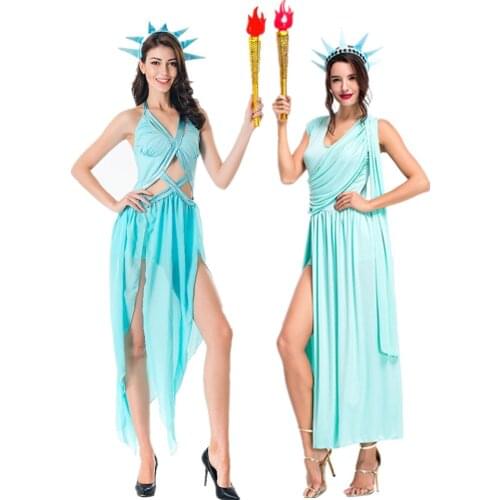 Halloween Costume Adult Lady Statue Of Liberty Greek Robe Cosplay Grown Torch Carnival Party Fancy Dress