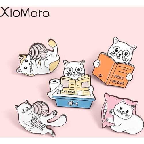 Cute Cats daily life Enamel Pins Fashion Pins reading play ball Lapel Badges Wholesale Brooches Jewelry Gifts for friends