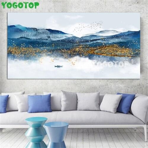 Chinese Blue and Golden Mountain Landscape Wall Art Abstract DIY diamond painting Full puzzle 5D Drill mosaic embroidery YY5215