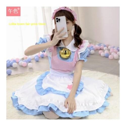 Womens Sweet Alice Hollow out Blue Uniform Maid Bells Decoration Apparel Lolita Bow-knot Sexy Dress Cosplay Reality Show Mori