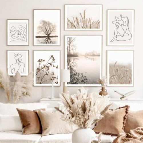Lake Shadow Tree Wheat Dried Flowers Wall Art Canvas Painting Line Draw Nordic Posters And Prints Decor Pictures For Living Room