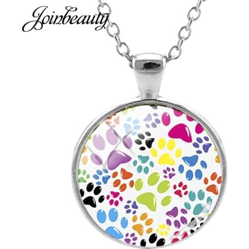 JOINBEAUTY Animal Footprint Picture Pendant Necklace Long Chain Glass Cabochon Fashion Women Accessories Jewelry NT313