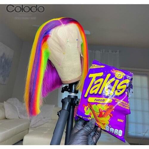 Red Purple Yellow Rainbow Wig Pre Plucked Bob Wig Lace Front Human Hair Wigs with Baby Hair Transparent Lace Wigs COLODO