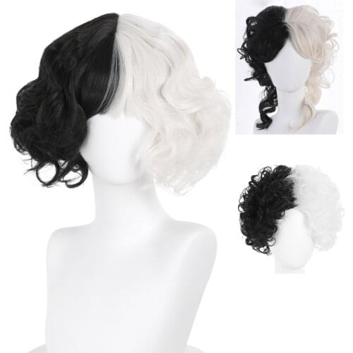 Evil Women Half Black Half White Wig Bad Girl Short Black White Curly Hair Wigs Demon New Movie Cruella Cosplay Wig + Wig Cap
