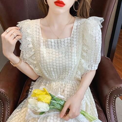 2021 Women Summer Elegant Lace Flower Long Chiffon Dress Square Collar Elastic High Waist A-line Maxi Beige Sundress