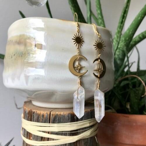 Clear Aura Quartz Earrings, Gemstone Drop Down Earrings, Celestial Dangle Boho Earrings