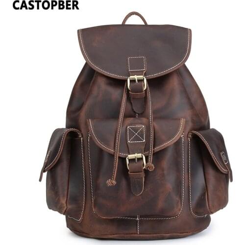 Vintage Crazy Horse Cow Genuine Leather Drawstring Closure Backpacks For Men Retro Large Capacity Travel Daypack High Quality