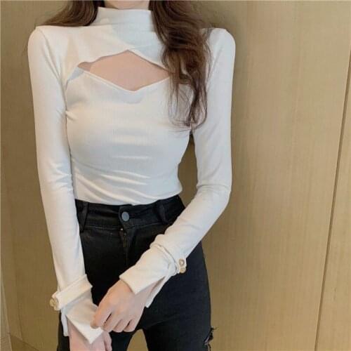 Spring/Autumn 2021 Korean Sexy Woman Bare Chest Nightclub Party Fashion T-Shirt Top Sweet Goddess Slim Patchwork Turtleneck Tees