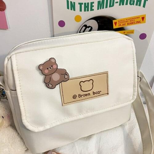 Ins Vintage Crossbody Shoulder Bags for Women Casual Nylon Small Handbag Cute Cartoon Bear Messenger Bag Purse