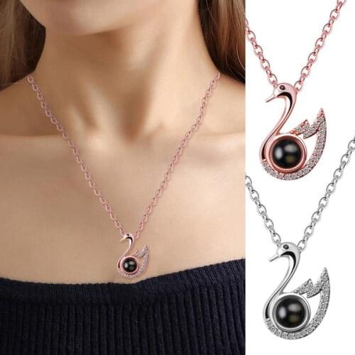I Love You 100 Languages Projection Necklace Swan Rhinestone Clavicle Chain Romantic Valentine Day Jewelry Gift Necklace Pendant