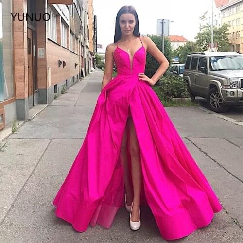 YUNUO Custom A Line Evening Dresses with High Front Slit Satin Long Party Gown Spaghetti Straps Illusion Formal Prom Dresses