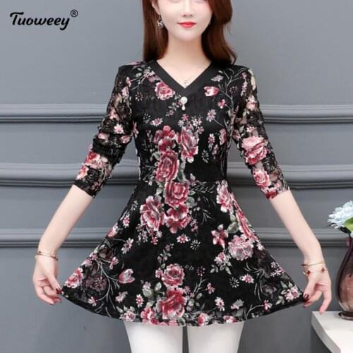 5XL Casual floral red V neck fashion woman blouses 2021 long sleeve blouse women tops and blouses blusa feminina shirt