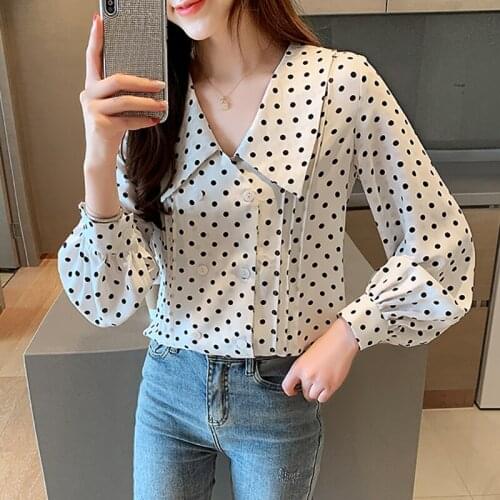 Folds Polka Dot Blouse Women Ruffles Long Sleeve Chiffon Shirt Woman 2021 Spring Autumn Tops Button Korean Style Chemisier Femme