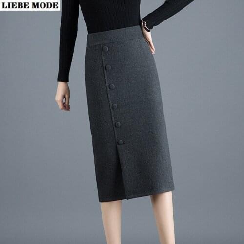 Womens Autumn Winter Wool Blends Suit Skirt Office Wear Women Bodycon Midi Pencil Skirts High Waist Package Hip Split Button