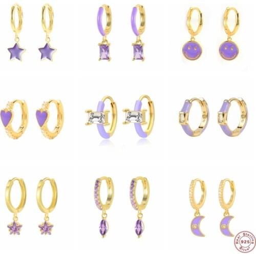 CANNER pendientes plata 925 Purple Zircon Dangle Earrings Dripping Oil Smile Moon Star Heart Pendant Earring 925 Silver Jewerly