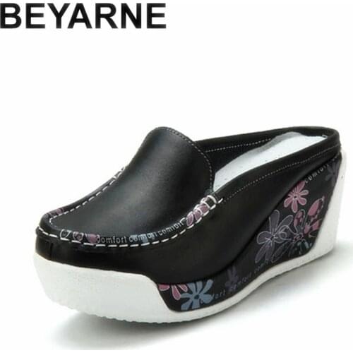BEYARNE Genuine Leather Shoes Lady Casual white Wedges Fashion Womans shoeS breathable single nurse thick bottom Platform