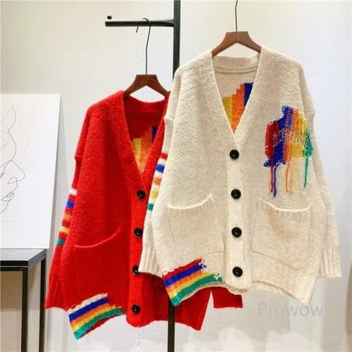 Rainbow contrast V-neck sweater jacket women thick long oversized cardigan spring autumn outwear Korean loose knit cardigan
