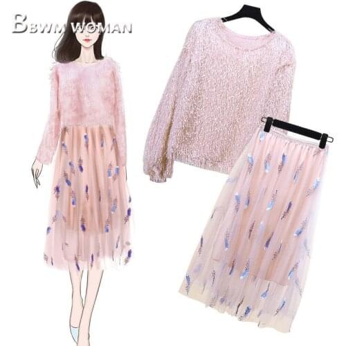 2019 Spring Fairy Pink Blouse and Skirts Women Sets Fashion Female Sets