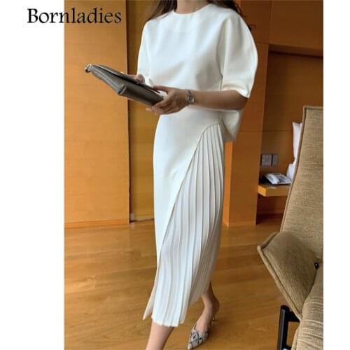 Bornladies Skirt Suits Women Summer Two Piece Set Short Sleeve O-neck T Shirt + High Waist Long Pleated Skirt 2 Piece Outfits