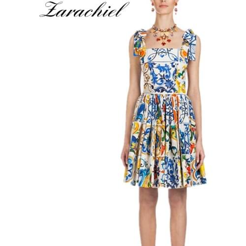 Runway Boho Summer Dress 2020 New Womens Bow Spaghetti Strap Backless Blue and White Porcelain Floral Print Knee-Length Dress