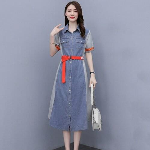 2021 High Street Casual Long Shirt Dress Women Short Sleeve Single Breasted Vintage Denim Dresses Korean Jeans Dress Summer