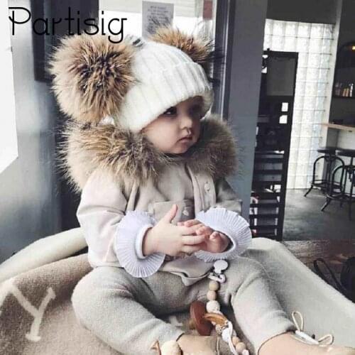 Baby Hat Crochet Double Natural Raccoon Pompom Hat For Girls Winter Baby Girls Caps Real Fur High Quality Fashion Kids Caps