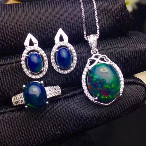 100% Natural Real Black Opal Set Natural And Real Black Opal Jewelry set 925 sterling silver 1pc Ring,1pc Pendant,2pcs Earring