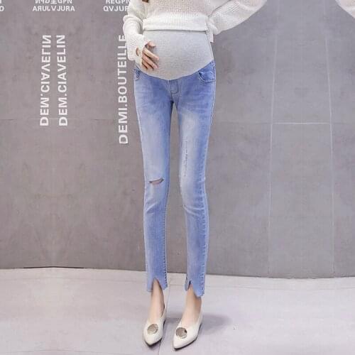9796# Maternity pants Spring Autumn Hole Decoration Maternity Jeans Belly Support Pants Elastic Waist Maternity Trousers