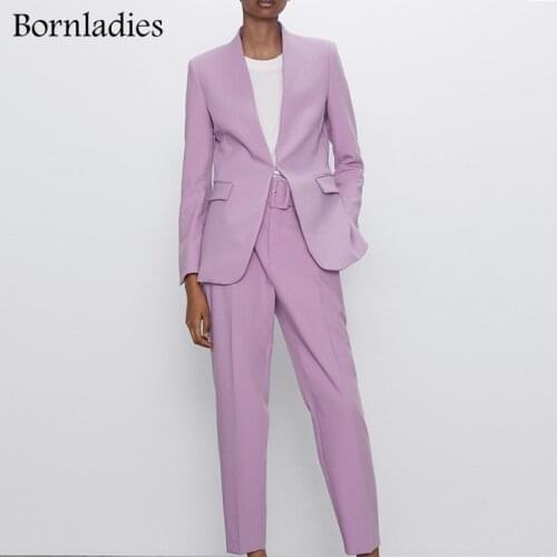 Bornladies Za Office Ladies Chic Trouser Suit Female Workwear Outfits Tailleur Femme Sets Pink Long Sleeves Jackets Women Coats