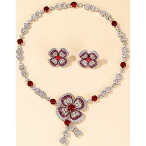 Top Fashion Female Red cubic zircon Stone flower Earrings necklace Party Jewelry Sets for women wedding 2021 trend wholesale