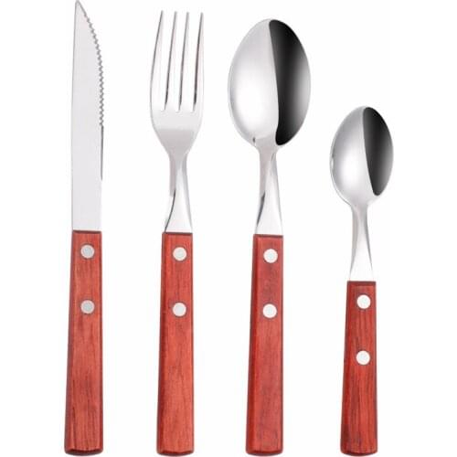 4Pcs Coffee Wooden Handle Cutlery Set Stainless Steel Spoon Fork Set Home Wooden Handle Dinnerware Kitchen Complete Tableware