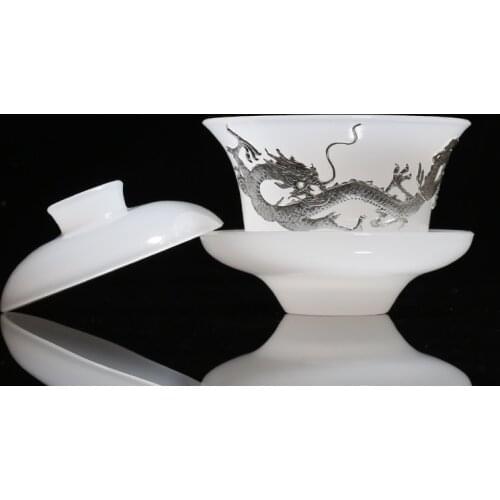 Jade Porcelain Plated Silver Dragon Ceramic Drinkware Cover Bowl Teacup Sancai Gaiwan Tea Bowl Kung Fu Puer Tes Set Tea Cups