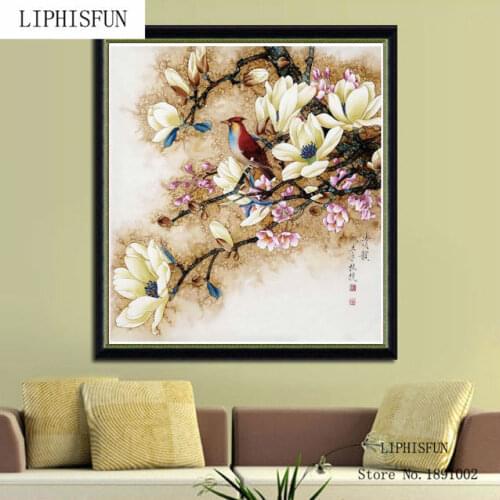 New 5D DIY Diamond Embroidery Cross Stitch Magnolia Flower Resin Square Diamond Flower And Bird Home Decor