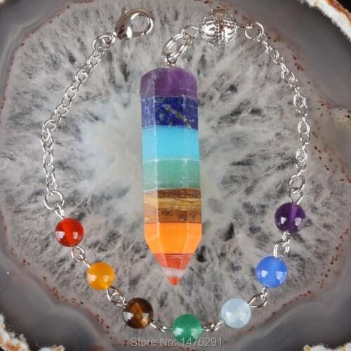 NEW Rainbow 7 Chakra Layered Healing Dowsing Reiki Gem Stone Charms Pendulum With Chain 1PCS
