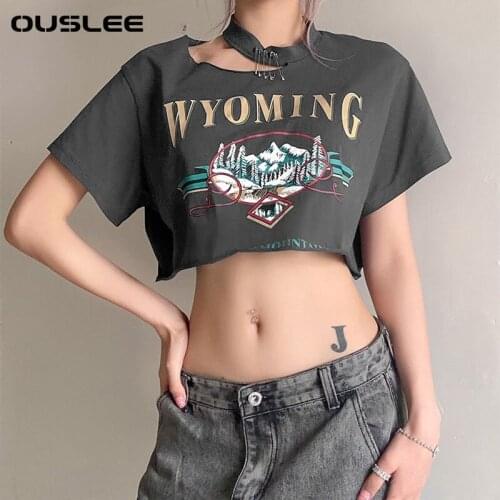 Ouslee Streetwear Graphic Print Short Sleeve T-shirts O-neck Baby Short Length Tees Cute Summer Crop Top Fashion Woman T-shirt