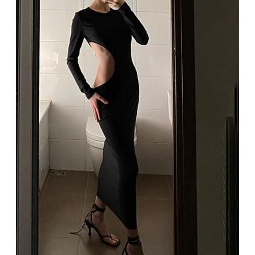 OMSJ Elegant O Neck Ladies Fashion 2021 Fall New Style Maxi Dresses Black High Waist Hollow Out Long Sleeve Straight Slim Dress