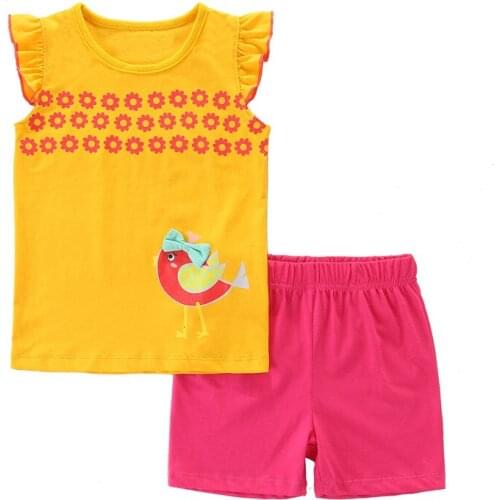 Jumping Meters 2021 Baby Cotton Clothing Sets For Summer Girls Cute Bird Embroidery 2 Pcs Sets Fashion Outfits Top + Shorts
