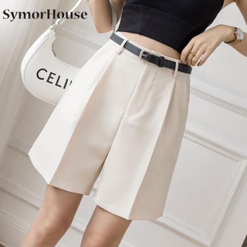 Fashion High Waist Women Shorts Casual Half- length Sashes Belted Women Loose Wide leg Shorts Pockets 2021 Summer Autumn