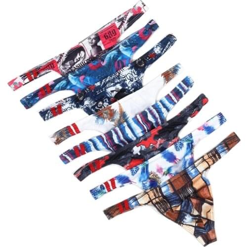 8Pcs/Lot Men Underwear Sexy Jock Strap Tanga Thongs Printed Male String Lingerie Mini Bikini Thong Exotic Gay G String Underpant