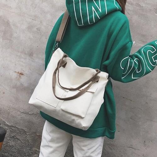 New Casual Women Large Capacity Canvas Bags Solid Color Retro Ladies Portable Eco Tote Bags Fashion Girls Shoulder Bags 2 Color