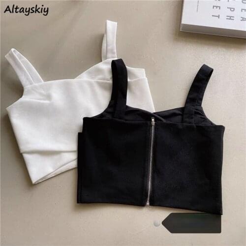 Camis Women Criss-cross New Designers Korean Style Basic Sexy Sweet Zipper Slim Cropped Tops Spaghetti Straps Camisole Female