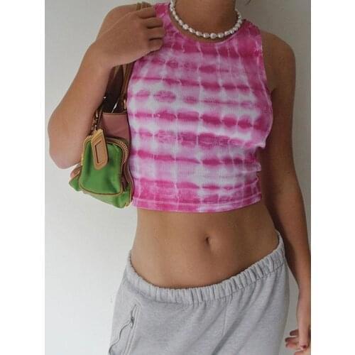 E-girl Summer Tie Dye Crop Tops Y2K Knitting Sleeveless Camisole Leisure Tank Crop Tops Female Basic Casual Tees Femme Vest Top