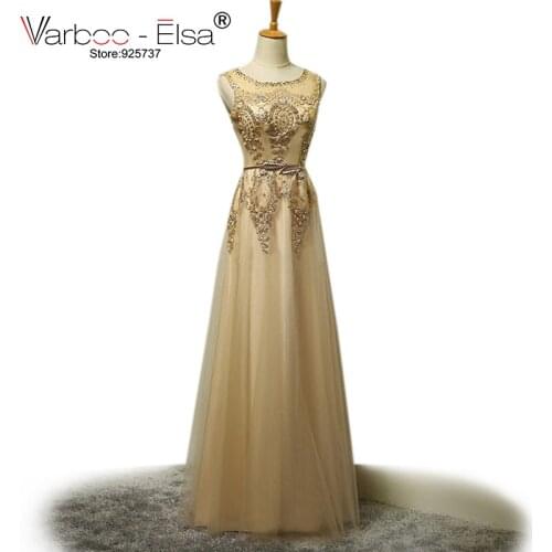 VARBOO_ELSA Real Photo Sheer Neckline Elegant Evening Dresses Pearl Beading Sparkly Long Gold Prom Dresses Abendkleider 2018