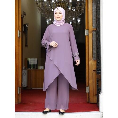 Women Tunic Pants Islamic Muslim Clothing Sleeves Rhinestone Flexible Chiffon Fabric Large Size Turkish Made High Quality Dubai